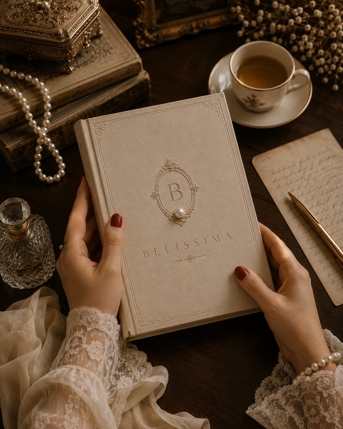 Mãos femininas com renda segurando o livro Belíssima