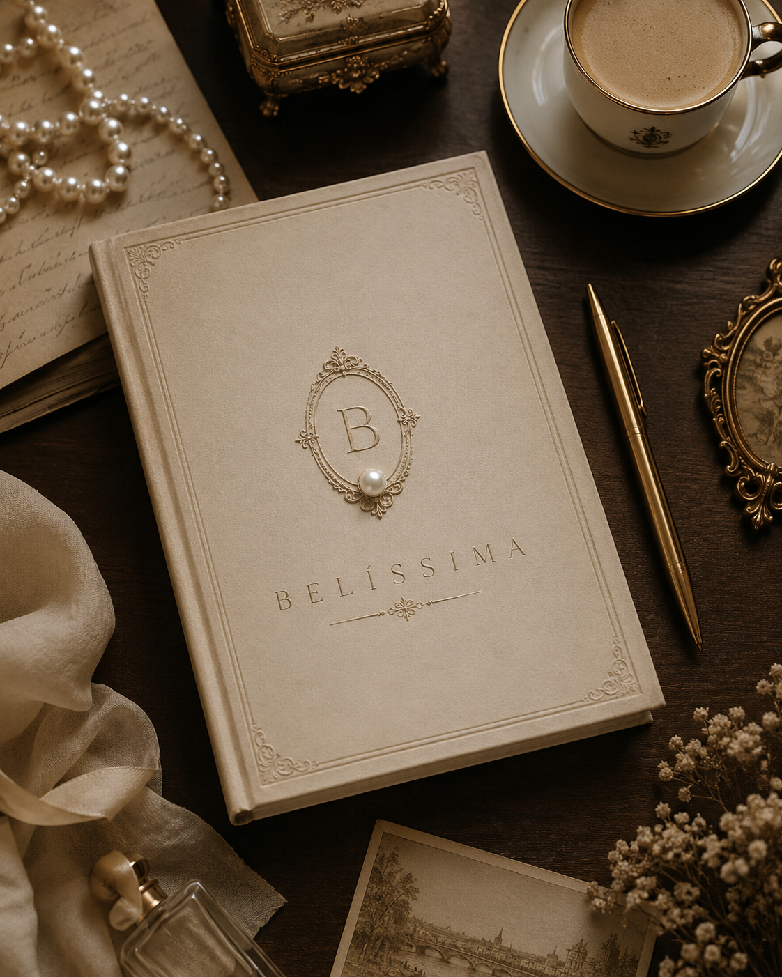 Livro Belíssima sobre mesa com pérolas, xícara dourada e carta manuscrita